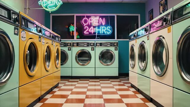 A spacious laundromat with rows of pastel-colored washing machines, checkered floor, and neon signs