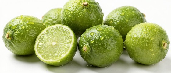 Fresh green limes with water drops and one sliced half on white background healthy citrus food concept