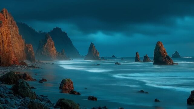 Coastal landscape with rocky formations under dramatic twilight sky