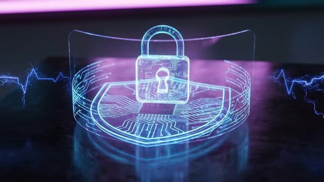 Ultra-slow cinematic orbit around a glowing holographic padlock emi