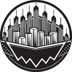 Modern city skyline silhouette inside circular frame with geometric architecture design