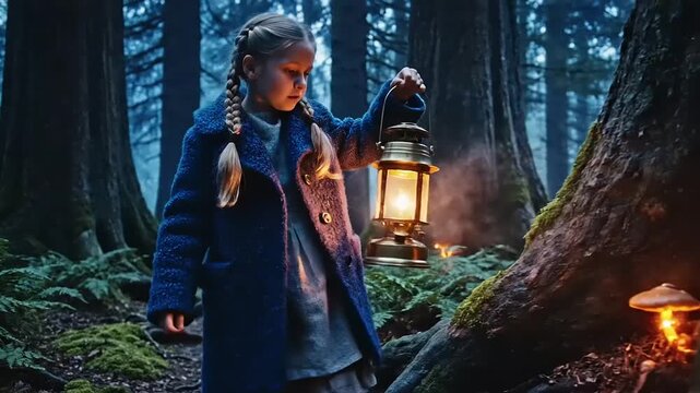 Young Girl Exploring Dark Forest with Lantern.