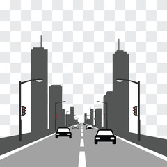 Urban Road Silhouette with City Buildings and Traffic Light