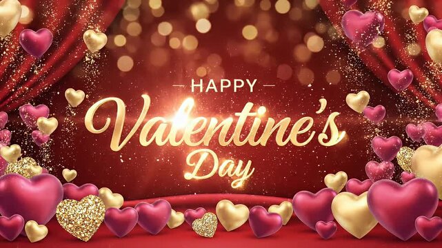 Luxury Valentine Background Red Stage Curtain Golden Hearts Bokeh