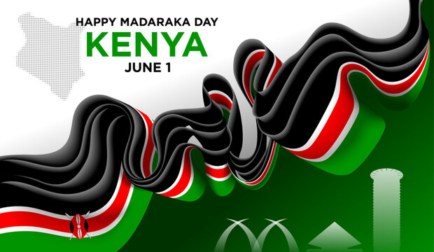 Kenya Independence Day Background with Black Red Green Ribbon and National Landmarks