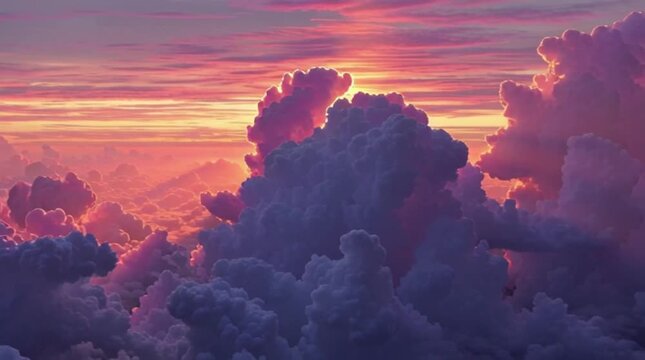 Sunset Clouds:  Witness a breathtaking scene as the sun dips below the horizon, painting the sky with hues of pink, orange, and purple amidst the fluffy, billowing clouds.