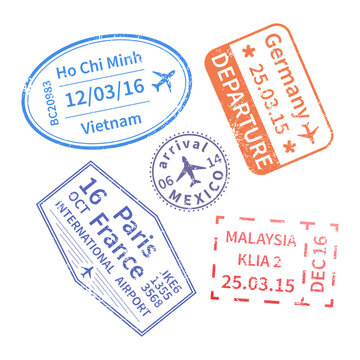 Passport visas stamps on sepia textured, vintage travel transparent background