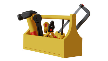 Yellow tool box with hammer, pliers, wrench, screwdriver and saw essential home repair tools in a handy set
