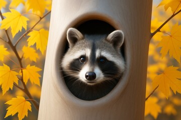 Fototapeta premium Curious raccoon peeking from tree hollow surrounded by bright yellow autumn leaves on soft background, warm light, cozy nature concept scene. Ai generative