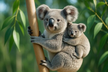 Fototapeta premium Koala mother and baby clinging to tree branch in natural forest background, captured in hyper-realistic light and detail. Ai generative. Ai generative