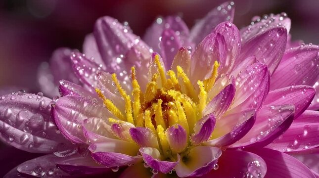 Dazzling Dahlia: Captivating macro shot of a vibrant pink dahlia flower, adorned with glistening water droplets, epitomizing the elegance and beauty of nature.