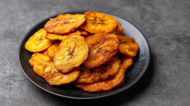 Fried ripe plantain slices served on  dark plate against  textured gray background