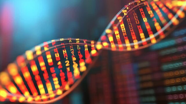 Digital DNA helix structure illuminated with glowing numerical code and abstract blue background