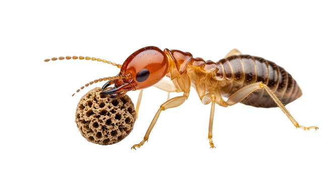 Termite worker insect carrying wood debris, subterranean termite macro photography on white background, pest control and wood damage concept
