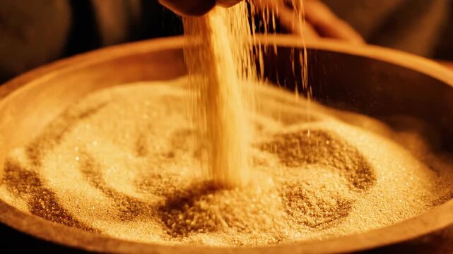 A person's hand pouring a small amount of powdery substance from a sifter onto a larger pile within a circular container