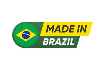 Made in Brazil Label with Brazilian Flag Icon Isolated on White Background