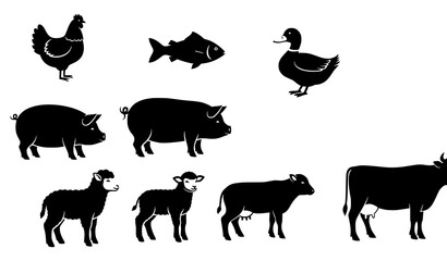 Farm animal silhouette vector icon set with chicken pig sheep cow and duck © MdMiraz