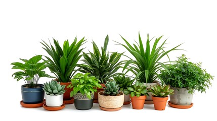 Fototapeta premium A collection of various potted plants in a row, showcasing different shapes and sizes