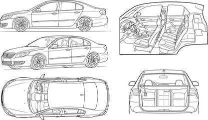 Detailed car blueprint illustration showing exterior side views, top view, interior seating, and trunk layout, technical automotive line drawing for engineering design concepts © meri999