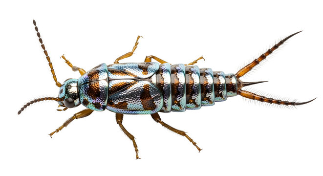 Silverfish insect with metallic blue and brown scales, common household pest on white background, Lepisma saccharina bug for pest control education