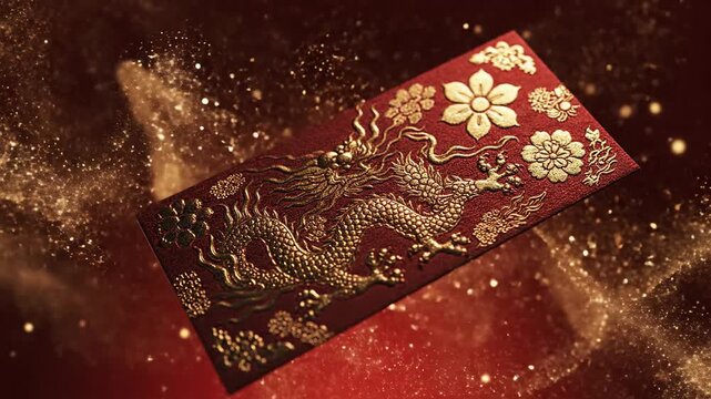 Golden dragon dances on red envelope with floral patterns and sparks