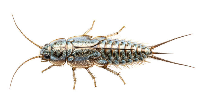 Silverfish insect with metallic gray scales and antennae, common household pest, isolated on white