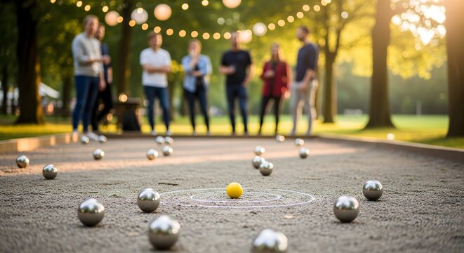 Friends Playing Petanque in Park at Sunset, Outdoor Leisure Game with Metal Boules, Social Gathering Activity, Team Competition, Relaxing Summer Background