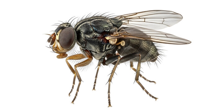 Housefly macro photography on white background, detailed common house fly insect, side view of musca domestica, isolated pest bug for biology education