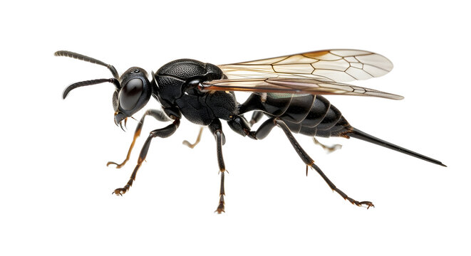 Black wasp insect isolated on white background, macro photography of a flying stinging insect, detailed hornet with transparent wings and stinger