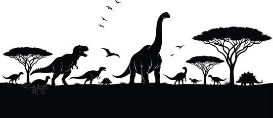 Dinosaur silhouettes landscape with prehistoric animals, trees, and flying reptiles isolated on white background representing Jurassic wildlife scene © meri999