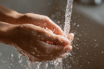 Fototapeta premium Close-up of hands cupping under clear, flowing water, demonstrating hygiene practices