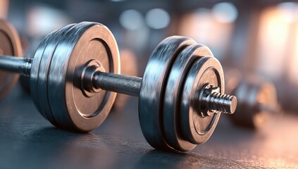 Fototapeta premium Shiny metal barbell with weight plates, detailed close-up, gym backdrop, soft lighting