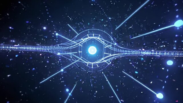 Infinite 3D holographic neural circuits floating space, quantum bits glowing brightly, electrons orbiting nodes loops, neon data streams weaving circuits, pulsating cyber-network atmosphere, deep cos