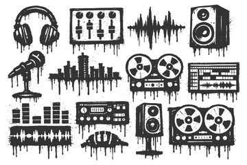 Obraz premium Grunge-style music equipment icons with dripping effect.