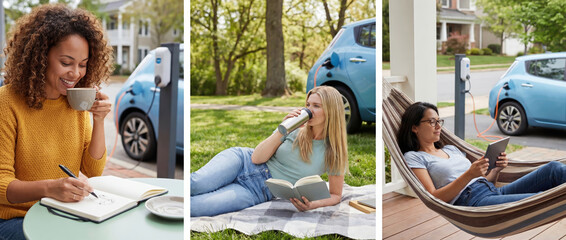 Collage of three women relaxing in different settings while their electric vehicle charges nearby. Each scene reflects a calm, sustainable lifestyle supported by convenient EV charging.