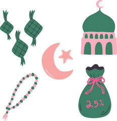 Cute Eid al-Fitr Sticker Set with Pink Mosque, Ketupat, and Zakat Al-Mal Bag Illustration