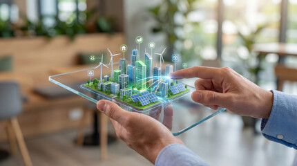 Hands interact with a transparent tablet displaying a futuristic smart city powered by renewable energy, showing sustainable urban development and clean technology.