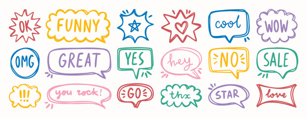 Fototapeta premium Bright hand drawn speech bubbles with short fun messages, decorative elements for design