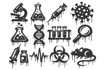 Dripping science icons: microscope, test tubes, dna, biohazard, virus.