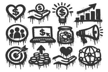 Grunge financial icons: money, growth, marketing, and global networking symbols.
