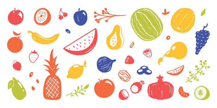 Vector set of fruit shapes and silhouettes, ripe illustrations, and design elements for decorating cafe menus, recipe books, market advertisements, posters, and banners.