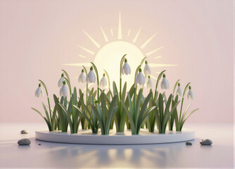 Circular White Platform with Snowdrops and Grass in Serene Springtime Scene