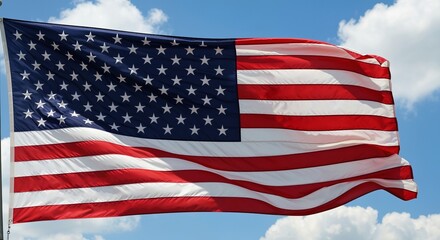 Fototapeta premium The American National Flag Waving Proudly Against a Clear Blue Sky, Symbolizing Freedom and Unity