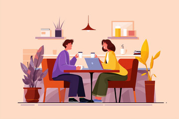 Fototapeta premium Young adult Caucasian man and young adult Caucasian woman sitting at table drinking coffee and talking, laptop on table between them, indoor setting with plants and shelves in background