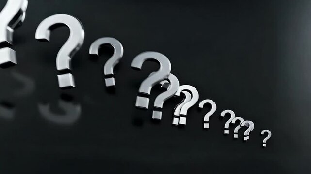 Shiny silver question marks fly apart in a dynamic motion on a dark surface. Abstract concept of confusion, curiosity, or search for answers