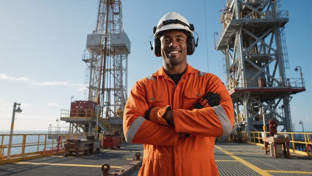 Smiling Black male worker on offshore oil rig. Professional man in orange coveralls and hard hat on gas platform. Energy industry and petroleum extraction concept