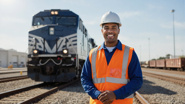 Male railway worker in orange safety vest and white hard hat. Smiling man standing on tracks with blue locomotive in background. Transportation and logistics concept