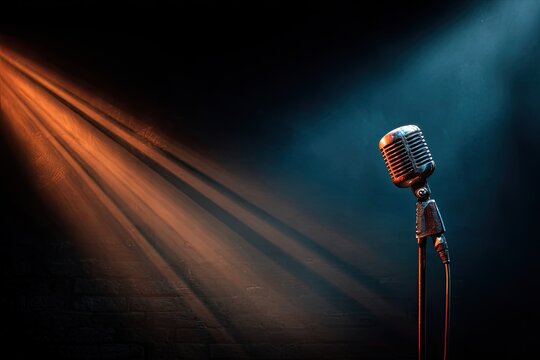 Vintage microphone on stand, lit by orange and blue spotlights against a dark brick wall
