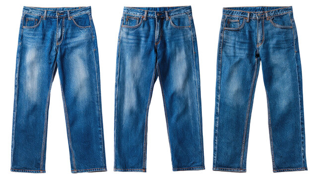 Three pairs of denim jeans, front view, varying shades of blue, displayed against a black background