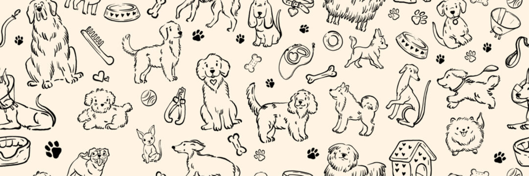 Dog doodle seamless pattern, hand drawn pet shop repeat texture, cute whimsical animal line print. Cartoon playful veterinary banner background, funny animal, puppy breeds. Cute dog pattern wallpaper